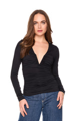 v neck gathered long sleeve