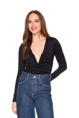 v neck gathered long sleeve