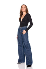 v neck gathered long sleeve