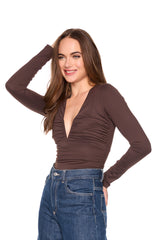 v neck gathered long sleeve