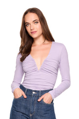 v neck gathered long sleeve