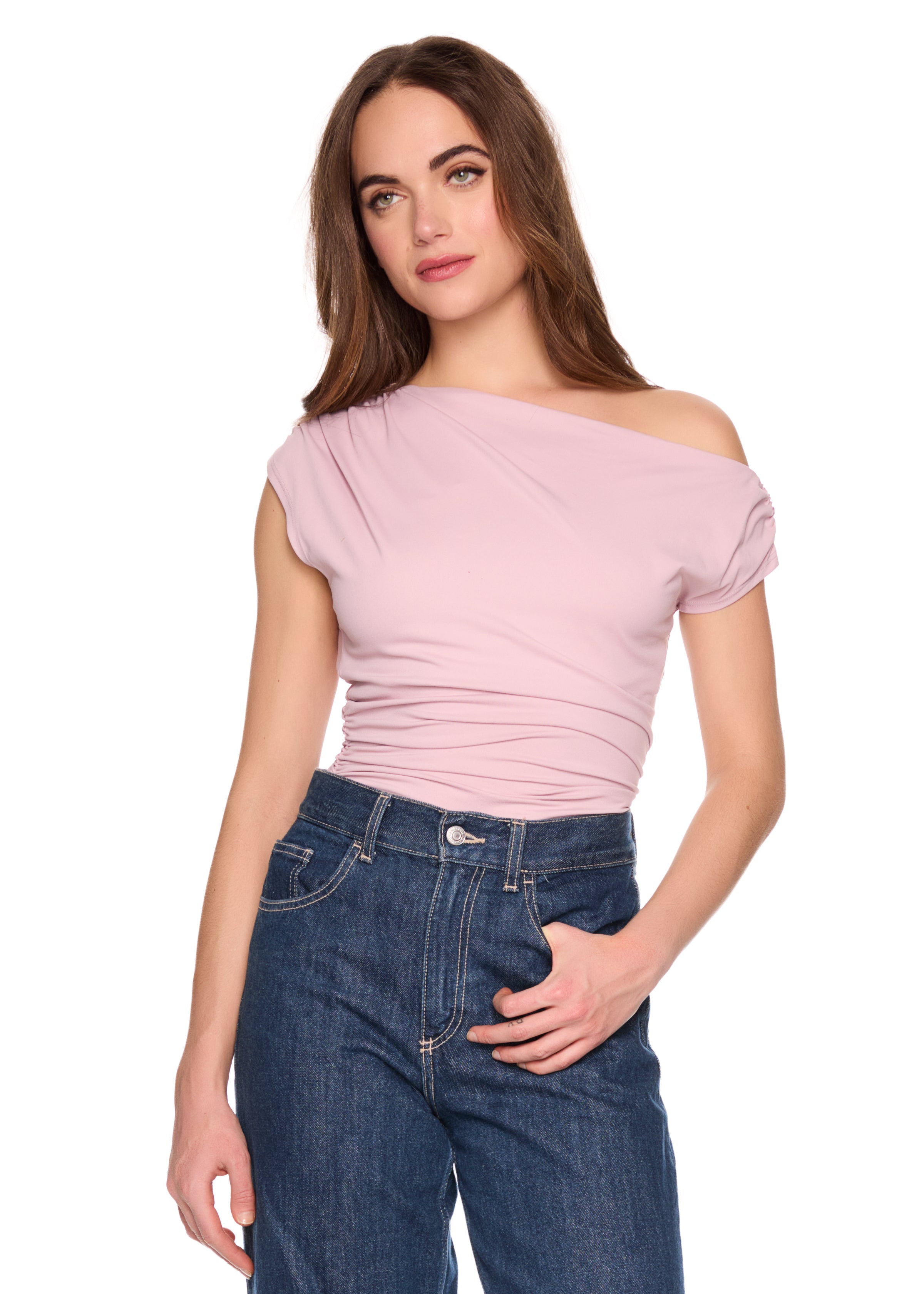 one arm slight off shoulder