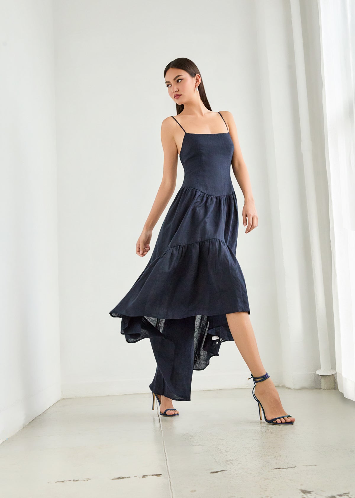 solid linen string high low dress