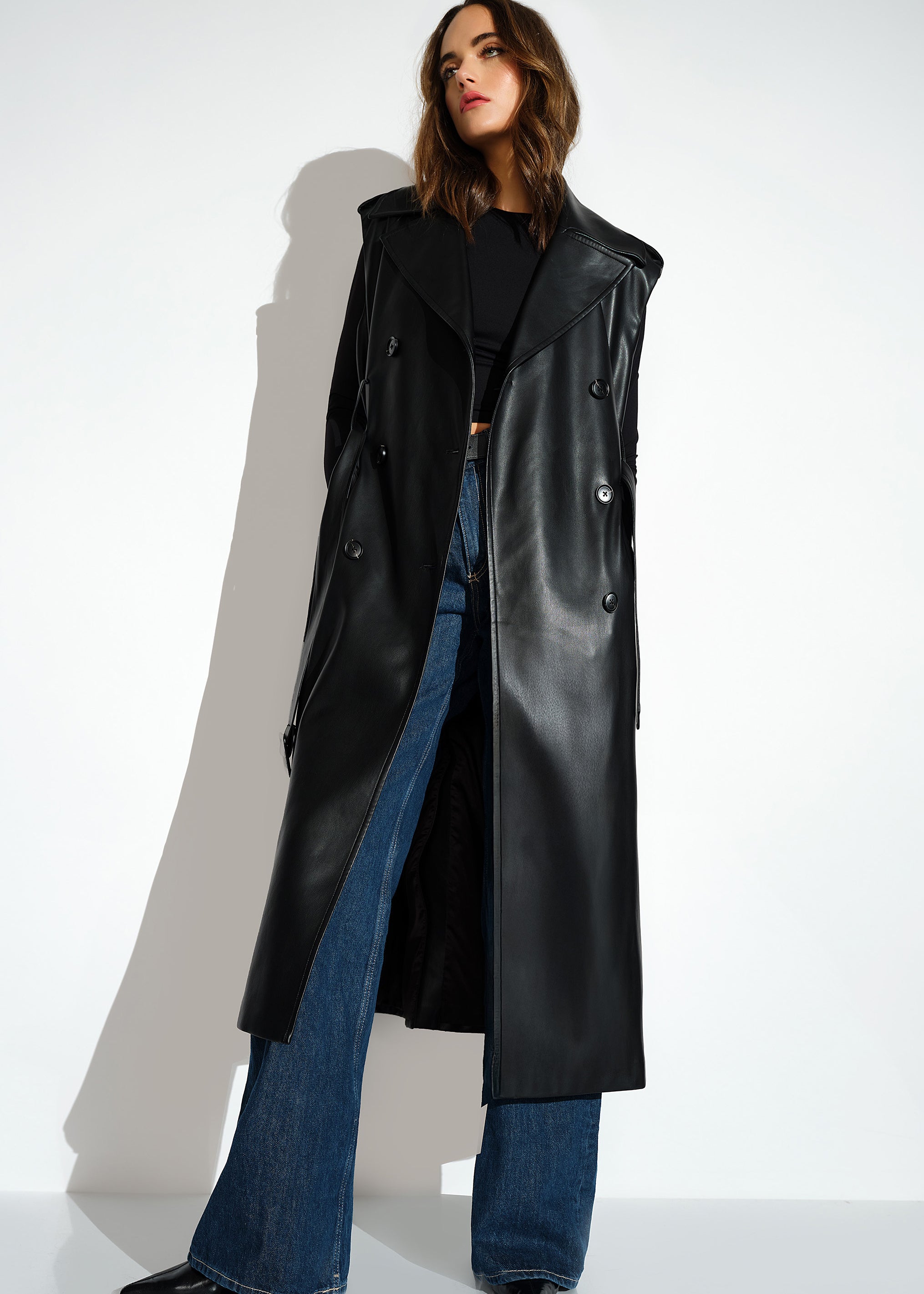 faux leather sleeveless trench black