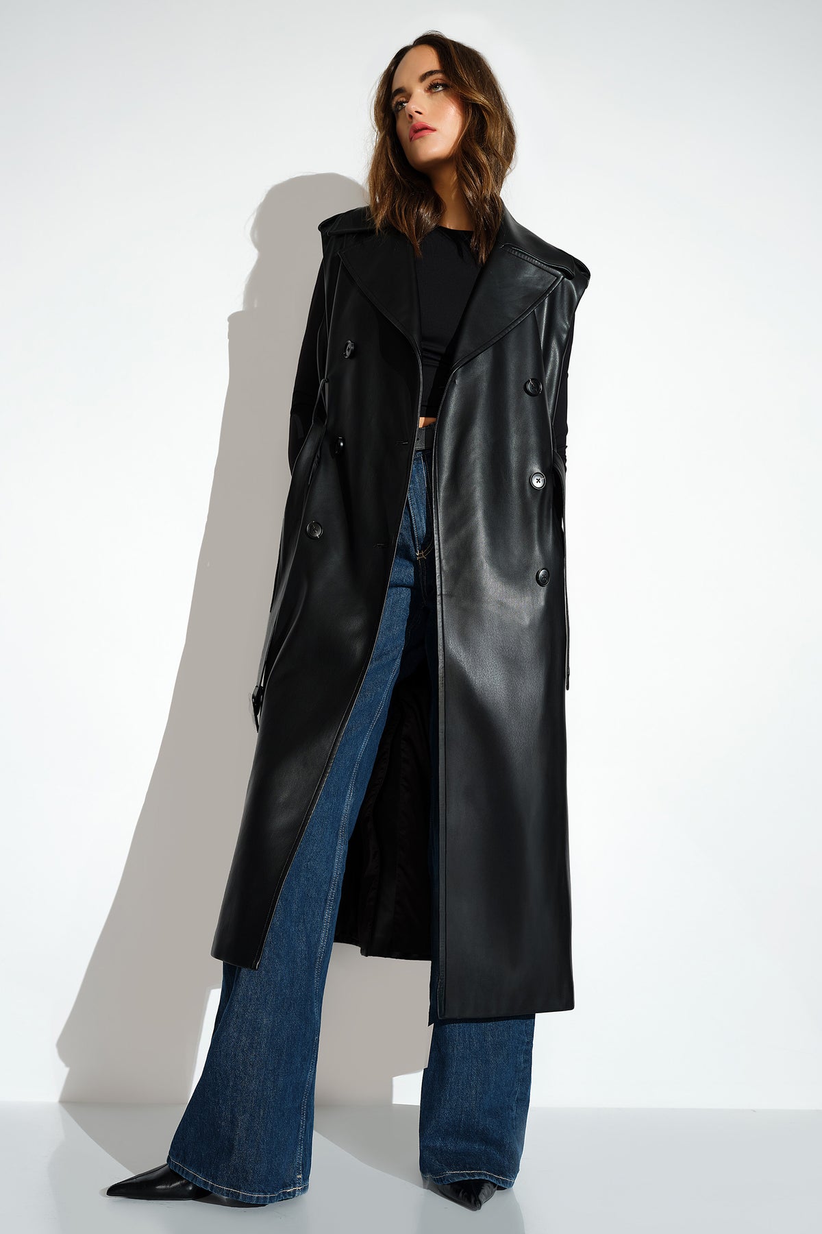 Sleeveless Leather Coat Long Sleeveless Trench Coat Faux Leather 