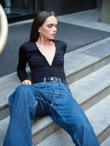 v neck gathered long sleeve