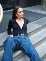 v neck gathered long sleeve