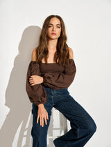 off shoulder puff long sleeve top