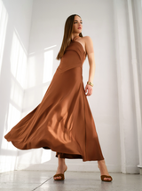 satin front tie halter dress