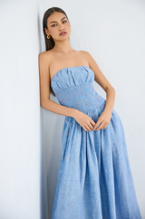 stripe linen smocked waist tube maxi dress
