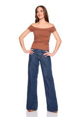 off shoulder gathered short sleeve top