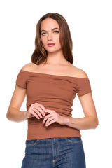 off shoulder gathered short sleeve top