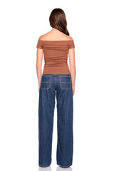 off shoulder gathered short sleeve top