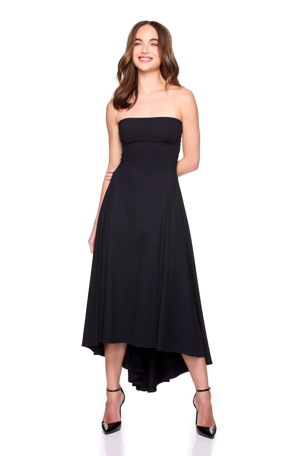black strapless high low dress Melodie Black Strapless Hi-Low Ruffles Dress L