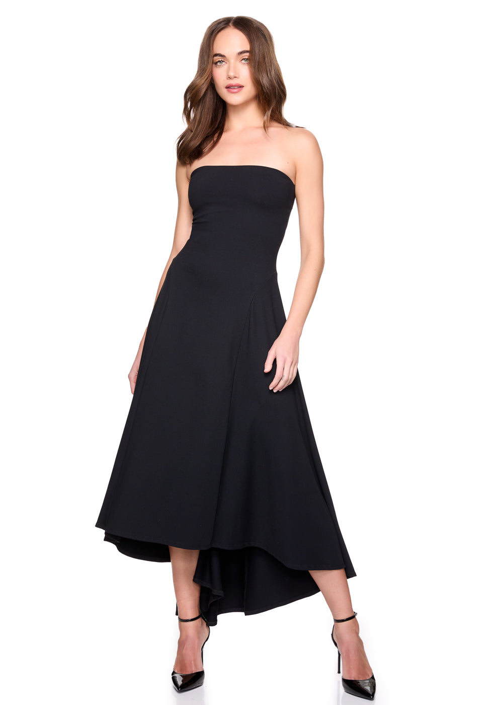 strapless seamed high low dress