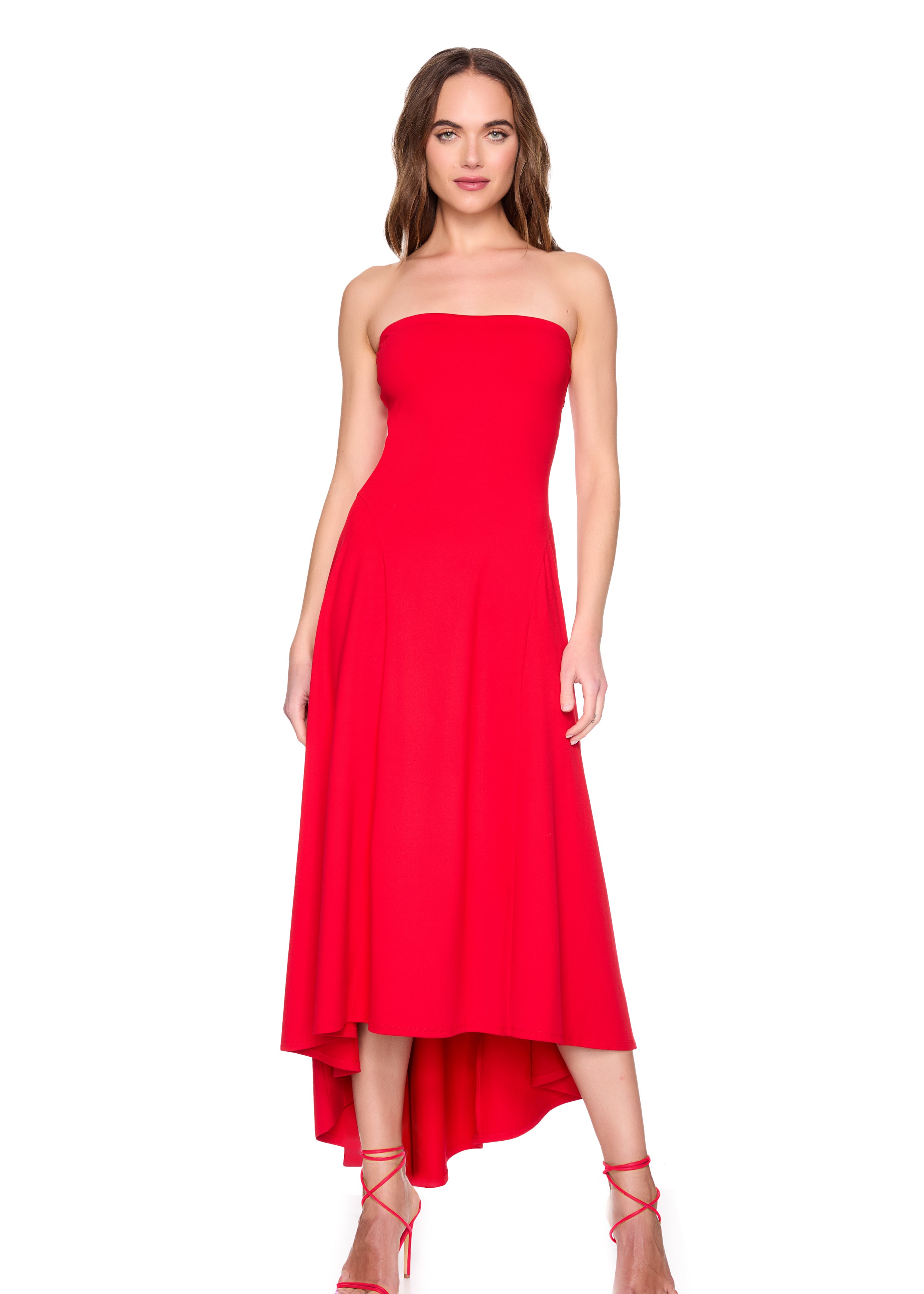strapless seamed high low dress